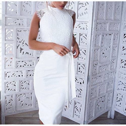 

Women's Bodycon Lace Knee Length Dress - Sleeveless Solid Color Bow Lace up Elegant Cocktail Party Birthday Lace Skinny Lace White S M L XL / Sexy