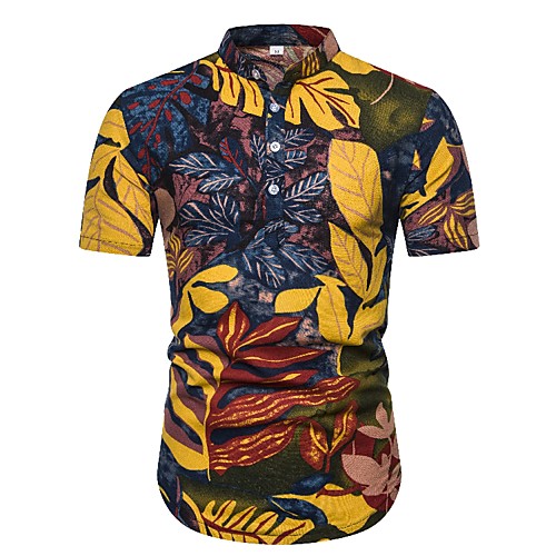 

Men's Color Block Graphic Shirt - Linen Basic Vintage Daily Going out Standing Collar Rainbow / Short Sleeve