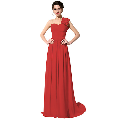 

A-Line Elegant Floral Wedding Guest Formal Evening Dress One Shoulder Sleeveless Court Train Chiffon with Pleats Ruched 2021