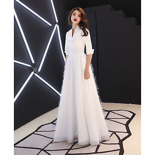 

A-Line White Elegant Prom Formal Evening Dress V Neck Half Sleeve Floor Length Satin Stretch Satin with Tassel 2021