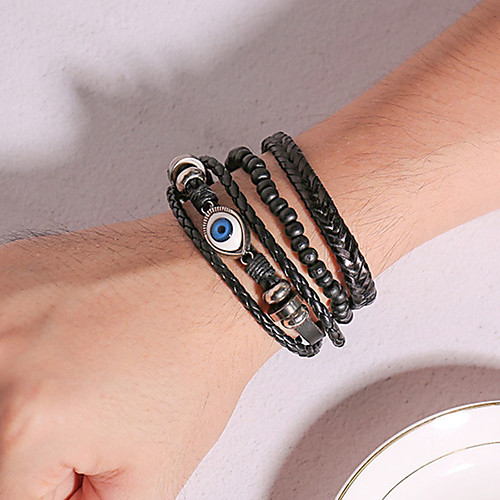 

4pcs Men's Bead Bracelet Leather Bracelet Loom Bracelet Layered Braided Evil Eye Statement Punk Trendy Rock Colorful Titanium Steel Bracelet Jewelry Black For Party Gift Daily Carnival Club