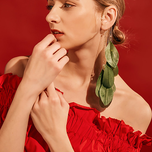 

Women's Clear Cubic Zirconia Ear Cuff Tassel Leaf Feather Statement Dangling Trendy Fashion Boho Feather Earrings Jewelry Green / Red / White For Party Gift Carnival Street Holiday 1pc