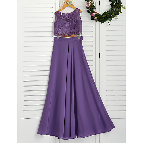 

A-Line / Two Piece Crew Neck Maxi Chiffon / Lace Junior Bridesmaid Dress with Lace / Pleats