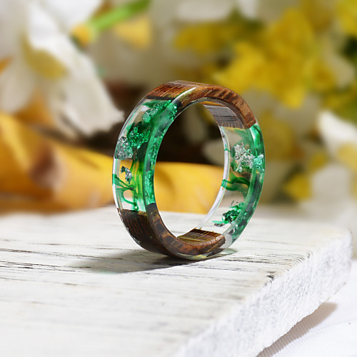 

Couple's Ring Resin 1pc Dark Green Resin Wood Round Natural Boho Gift Jewelry Floral Theme Flower Botanical Cute Lovely