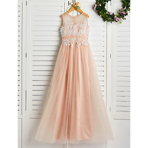 

A-Line Jewel Neck Sweep / Brush Train Lace / Tulle Junior Bridesmaid Dress with Appliques