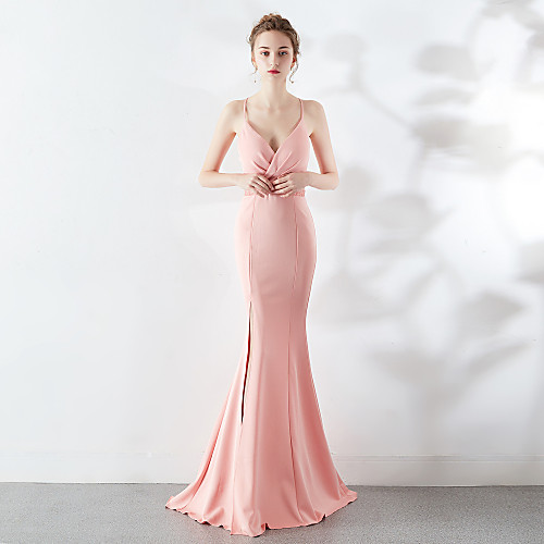 

Mermaid / Trumpet Elegant & Luxurious Furcal Formal Evening Dress Spaghetti Strap Plunging Neck Sleeveless Sweep / Brush Train Satin with Beading Split Front 2021