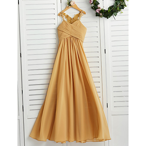 

A-Line Halter Neck Floor Length Chiffon Junior Bridesmaid Dress with Appliques / Ruching