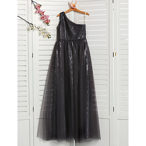 

A-Line One Shoulder Maxi Tulle Junior Bridesmaid Dress with Beading