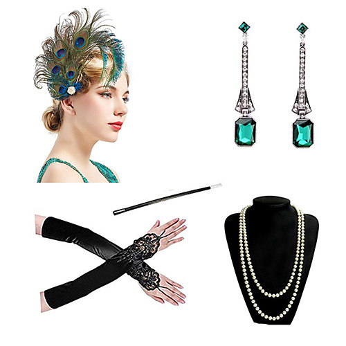 

Charleston Vintage 1920s The Great Gatsby Costume Accessory Sets Gloves Flapper Headband Women's Feather Costume Necklace Earrings Navy / RedBlack / Rainbow Vintage Cosplay Festival
