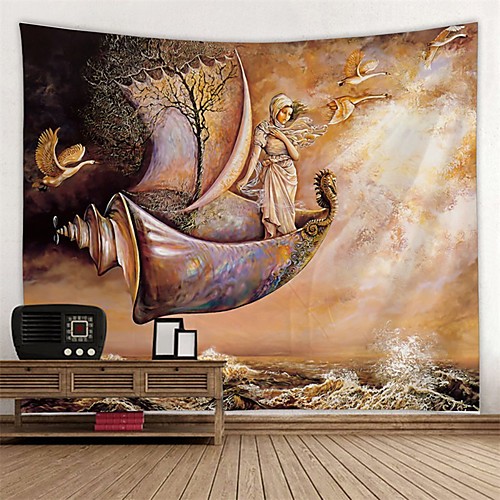 

Oil Painting Style Wall Tapestry Art Decor Blanket Curtain Hanging Home Bedroom Living Room Decoration Fantasy Boat Sea Ocean Weman