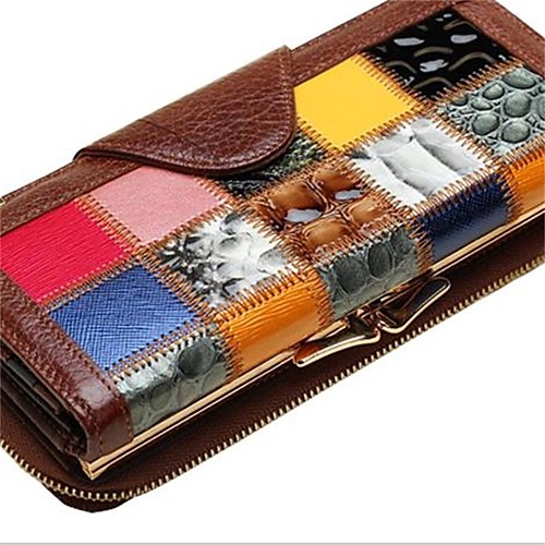 

Women's Bags Nappa Leather Cowhide Wallet Zipper Color Block Shopping Daily Dark Brown