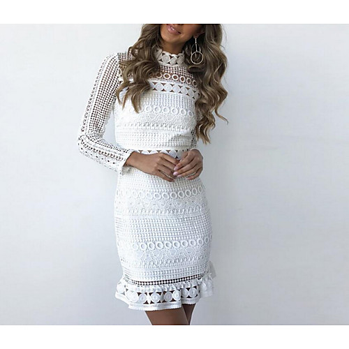 

Women's Bodycon Short Mini Dress White Long Sleeve White Solid Colored Spring Summer Stand Collar Basic Cotton Lace S M L XL