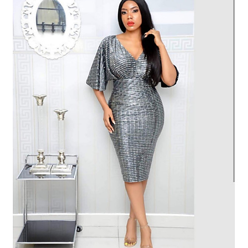

Women's Bodycon Dress - Half Sleeve Solid Colored Deep V Cocktail Party Gray M L XL