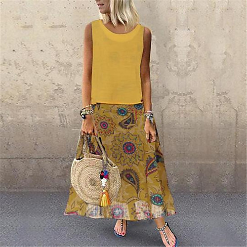 

Women's A Line Dress Maxi long Dress Blue Red Yellow Green Sleeveless Geometric Print Round Neck Vintage Boho M L XL XXL 3XL 4XL 5XL