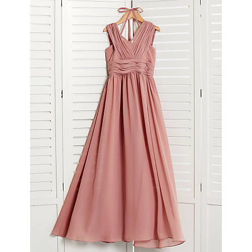 

A-Line V Neck Maxi Chiffon Junior Bridesmaid Dress with Pleats / Ruching