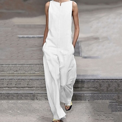 

Women's White Black Wide Leg Slim Jumpsuit Onesie, Solid Colored S M L