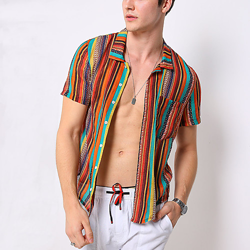 

Men's Striped Print Slim Shirt Basic Street chic Daily Casual Beach Red / Orange / Green / Short Sleeve