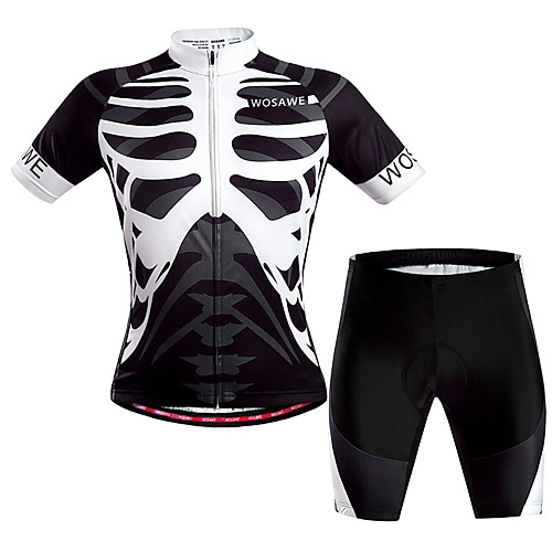 

WOSAWE Men's Women's Short Sleeve Cycling Jersey with Shorts Black / White Skeleton Bike Clothing Suit Breathable Quick Dry Back Pocket Sweat-wicking Sports Polyester Skeleton Mountain Bike MTB Road