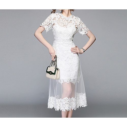 

Women's A Line Dress Midi Dress White Short Sleeve Floral Solid Colored Geometric Tassel Fringe Cut Out Lace Summer Round Neck Vintage Streetwear Petal Sleeves Lace S M L XL XXL