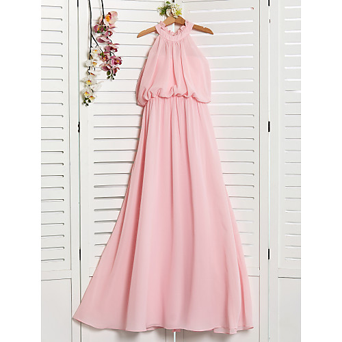 

A-Line High Neck Floor Length Chiffon Junior Bridesmaid Dress with Ruffles / Ruching