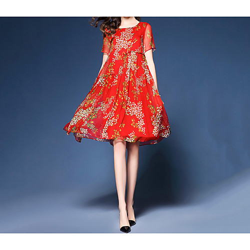 

Women's Knee Length Dress Red Loose - Short Sleeve Floral Pleated Print Summer Boho Street chic Going out Beach Loose Red Royal Blue M L XL XXL XXXL / Silk