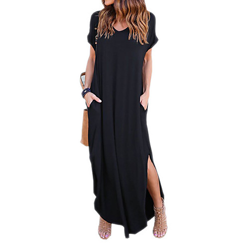 

Women's Maxi Black Loose Dress - Short Sleeve Solid Colored Street chic Daily Weekend Slim Wine Black Blue Gray S M L XL / Cotton