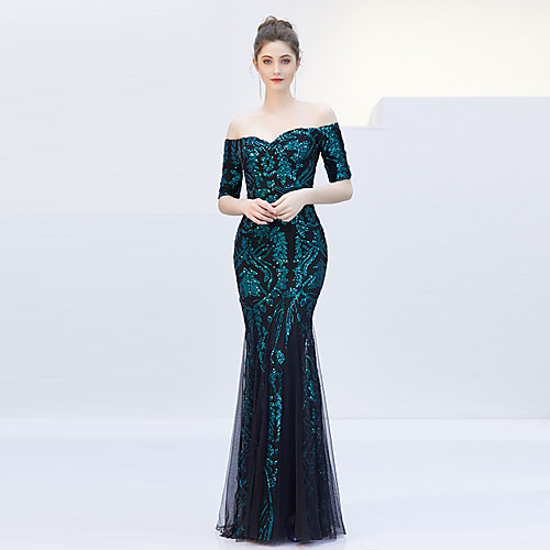 

Mermaid / Trumpet Elegant & Luxurious Elegant Formal Evening Dress Off Shoulder Sleeveless Floor Length Tulle Sequined with Sequin 2021