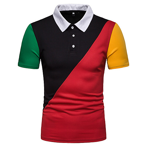 

Men's Polo Check Color Block Patchwork Print Short Sleeve Holiday Tops Basic Chinoiserie Black Navy Blue