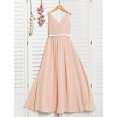 

A-Line V Neck Maxi Chiffon Junior Bridesmaid Dress with Sash / Ribbon / Ruching