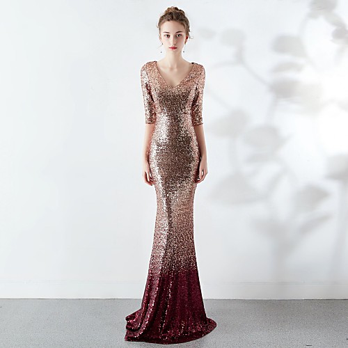 

Mermaid / Trumpet Elegant & Luxurious Elegant Formal Evening Dress V Neck Half Sleeve Sweep / Brush Train Sequined with Sequin 2021