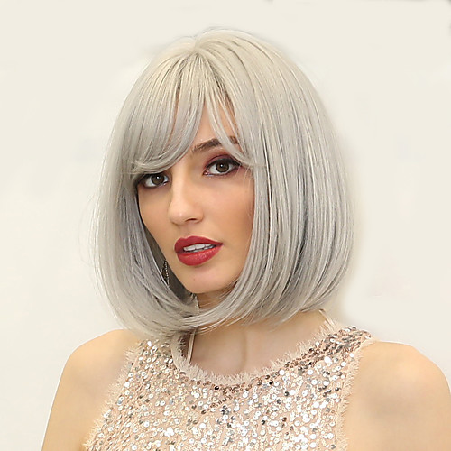 

Synthetic Wig kinky Straight Natural Straight Bob Asymmetrical Neat Bang Wig Medium Length Silver White Synthetic Hair 12 inch Women's Synthetic Sexy Lady Lovely Silver White HAIR CUBE