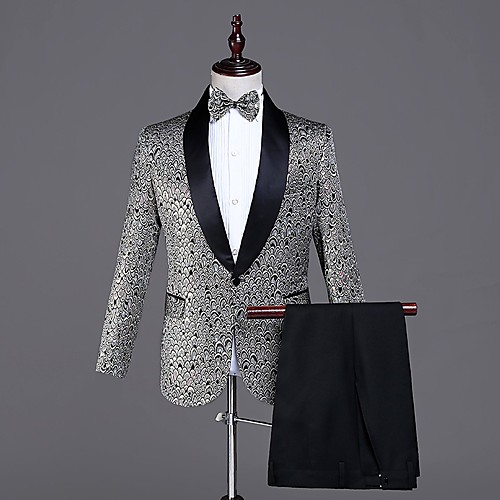 

Gray Patterned Tailored Fit Polyester Suit - Shawl Collar Single Breasted One-button / Suits