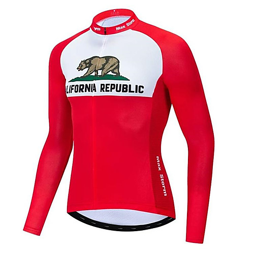 

21Grams California Republic Men's Long Sleeve Cycling Jersey - Red / White Bike Jersey Top Breathable Moisture Wicking Quick Dry Sports Winter Fleece Terylene Mountain Bike MTB Clothing Apparel