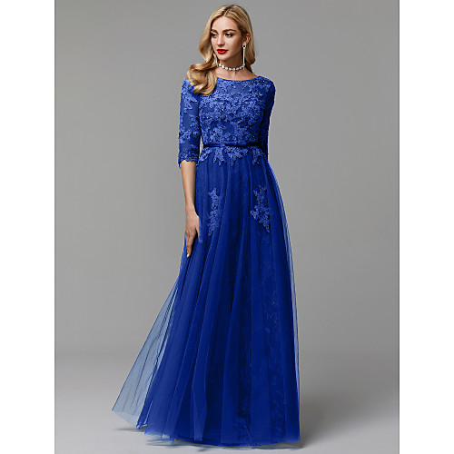 

Sheath / Column Elegant Prom Formal Evening Dress Boat Neck Half Sleeve Floor Length Lace Tulle with Beading Appliques 2021