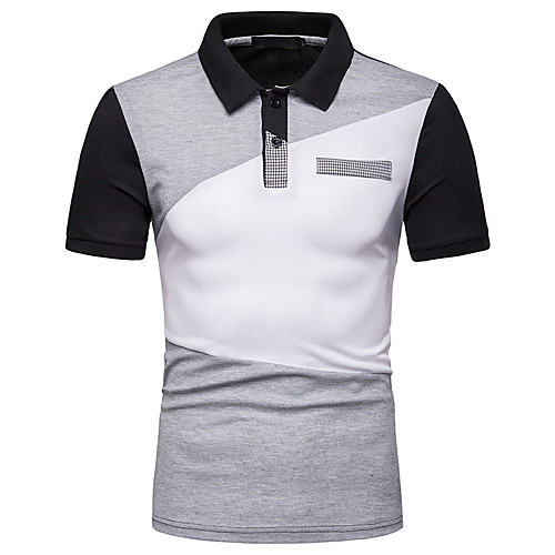 

Men's Polo Check Color Block Patchwork Print Short Sleeve Holiday Tops Basic Chinoiserie White Black Gray