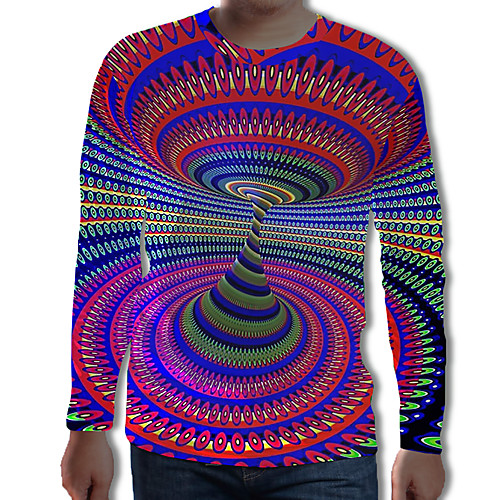 

Men's Plus Size Geometric 3D Black & White Pleated Print Tunic Street chic Exaggerated Daily Round Neck Rainbow / Long Sleeve