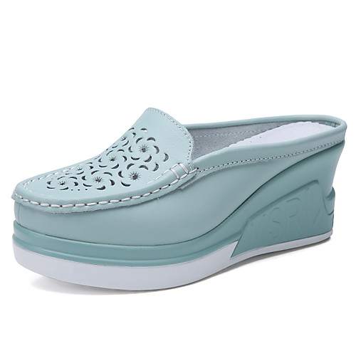 

Women's Cowhide Spring & Fall / Summer Casual / Minimalism Clogs & Mules Walking Shoes / Swing Shoes Wedge Heel Round Toe Black / Beige / Blue