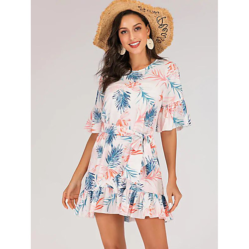 

Women's Sundress Knee Length Dress - Short Sleeves Floral Bow Ruched Print Summer Elegant Vintage Daily Going out 2020 Light Blue S M L XL