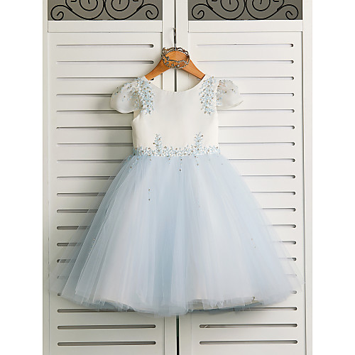 

Princess Tea Length Wedding / Birthday / Pageant Flower Girl Dresses - Satin / Tulle Cap Sleeve Jewel Neck with Beading