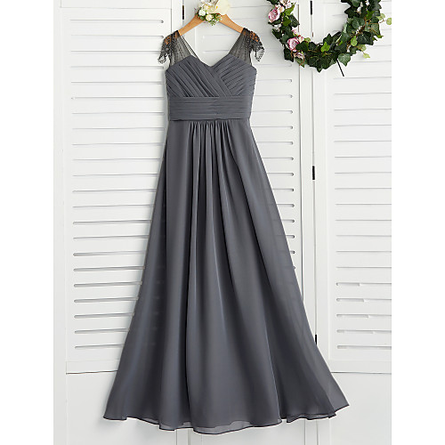 

A-Line V Neck Maxi Chiffon Junior Bridesmaid Dress with Ruching