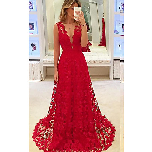 

A-Line Cut Out Engagement Formal Evening Dress V Neck Sleeveless Court Train Chiffon Lace with Appliques 2021