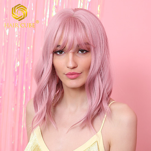 

Synthetic Wig kinky Straight Natural Wave Bob Asymmetrical Neat Bang Wig Pink Medium Length Pink Synthetic Hair 12 inch Women's Synthetic Lovely Natural Hairline Pink HAIR CUBE / African American Wig