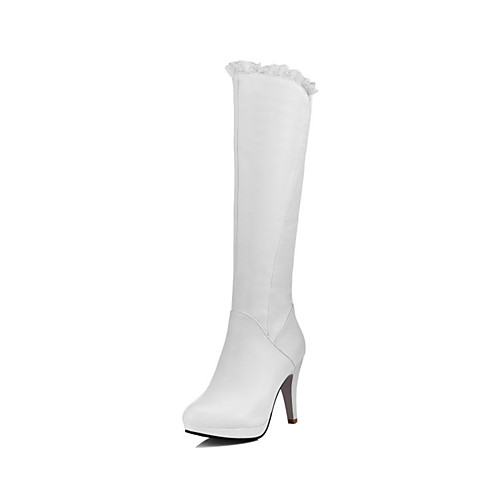 

Women's Boots Knee High Boots Chunky Heel Round Toe Knee High Boots Daily Office & Career PU Stitching Lace Solid Colored White Black
