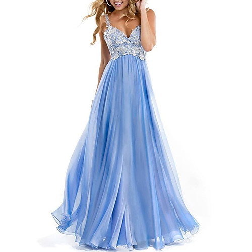 

A-Line Open Back Formal Evening Dress Spaghetti Strap Sleeveless Floor Length Chiffon Lace with Lace Insert 2021