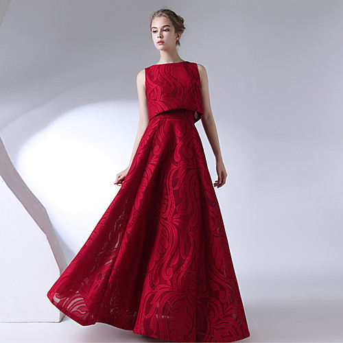 

Two Piece A-Line Elegant Two Piece Prom Dress Jewel Neck Strapless Sleeveless Floor Length Lace with 2021