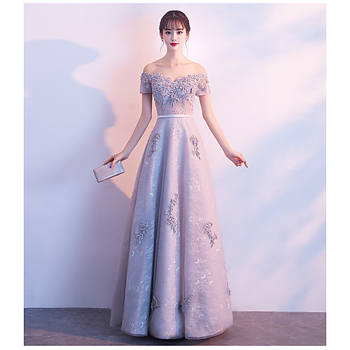 

A-Line Elegant & Luxurious Prom Dress Off Shoulder Short Sleeve Floor Length Lace Satin with Beading Appliques 2021