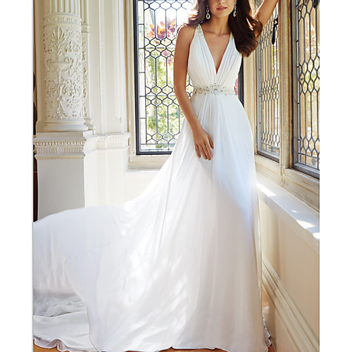 

A-Line Wedding Dresses V Neck Court Train Chiffon Spaghetti Strap with Lace 2021