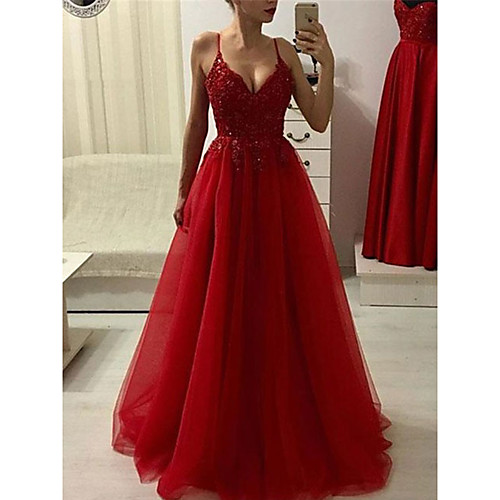 

A-Line Sparkle Prom Formal Evening Dress Spaghetti Strap Sleeveless Sweep / Brush Train Tulle with Beading Appliques 2021