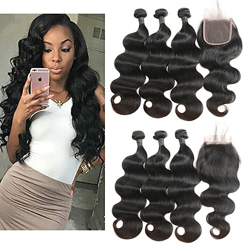 

3 Bundles with Closure Hair Weaves Brazilian Hair Body Wave Human Hair Extensions Remy Human Hair 100% Remy Hair Weave Bundles 345 g Natural Color Hair Weaves / Hair Bulk Human Hair Extensions 12-24