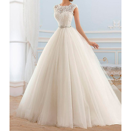 

Ball Gown Wedding Dresses Jewel Neck Sweep / Brush Train Lace Tulle Cap Sleeve Glamorous Vintage Sparkle & Shine Illusion Detail with Bow(s) Beading 2021